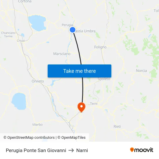 Perugia Ponte San Giovanni to Narni map
