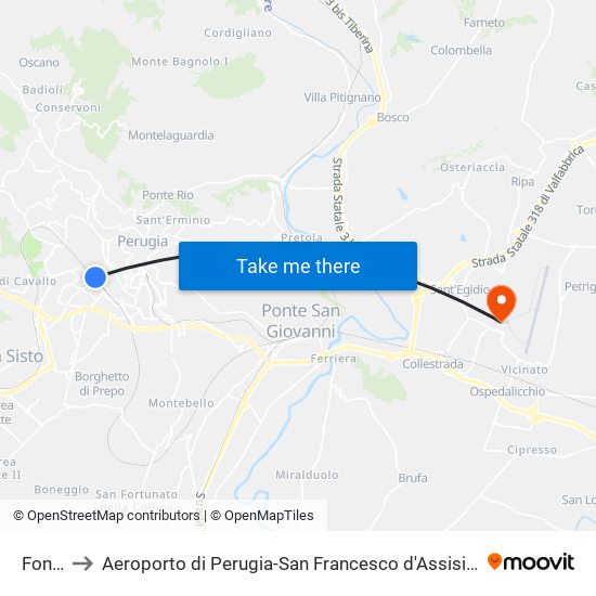 Fontivegge to Aeroporto di Perugia-San Francesco d'Assisi (PEG) (Aeropuerto de Perugia-San Francisco de Asís) map