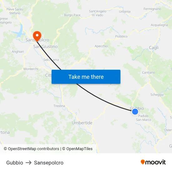 Gubbio to Sansepolcro map