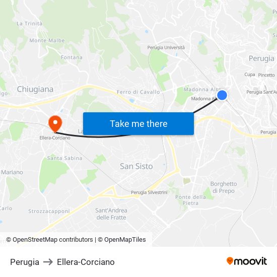 Perugia to Ellera-Corciano map