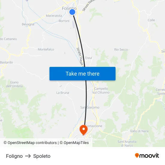 Foligno to Spoleto map