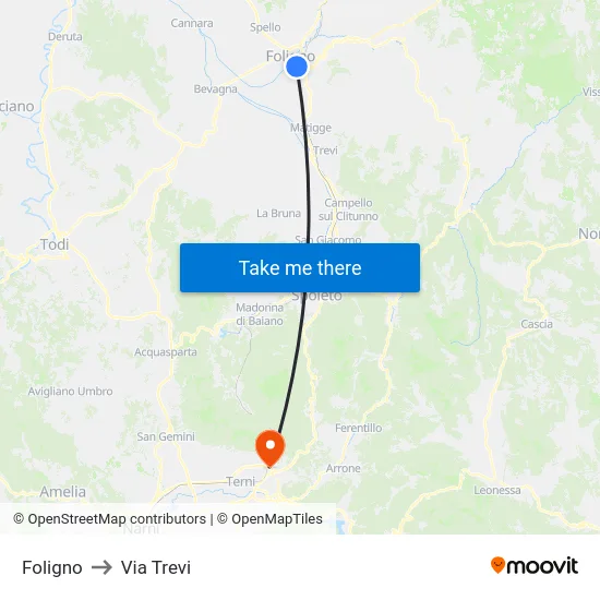 Foligno to Via Trevi map