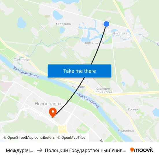 Междуречье-1 to Полоцкий Государственный Университет map