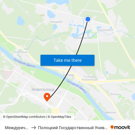 Междуречье-2 to Полоцкий Государственный Университет map