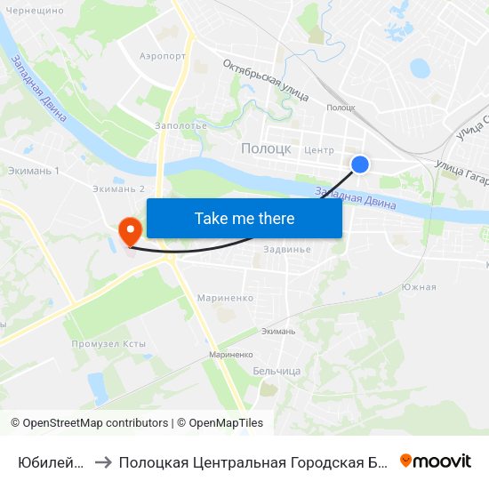 Юбилейная to Полоцкая Центральная Городская Больница map