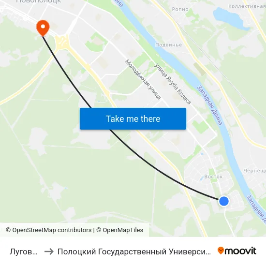 Луговая to Полоцкий Государственный Университет map