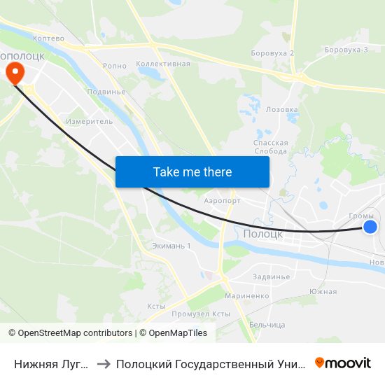 Нижняя Луговая to Полоцкий Государственный Университет map