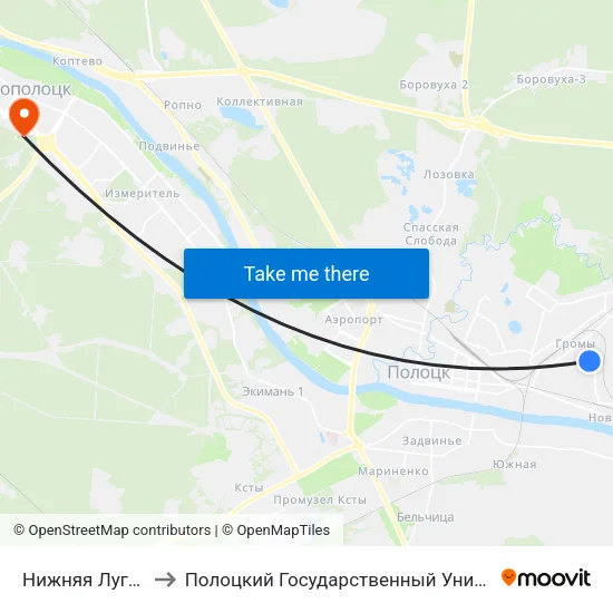 Нижняя Луговая to Полоцкий Государственный Университет map