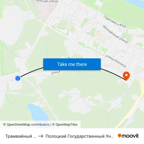 Трамвайный Парк to Полоцкий Государственный Университет map