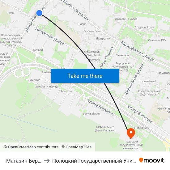 Магазин Берёзка to Полоцкий Государственный Университет map