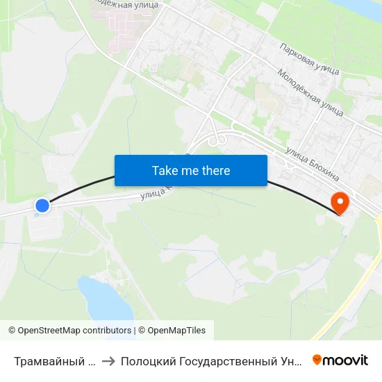 Трамвайный Парк to Полоцкий Государственный Университет map