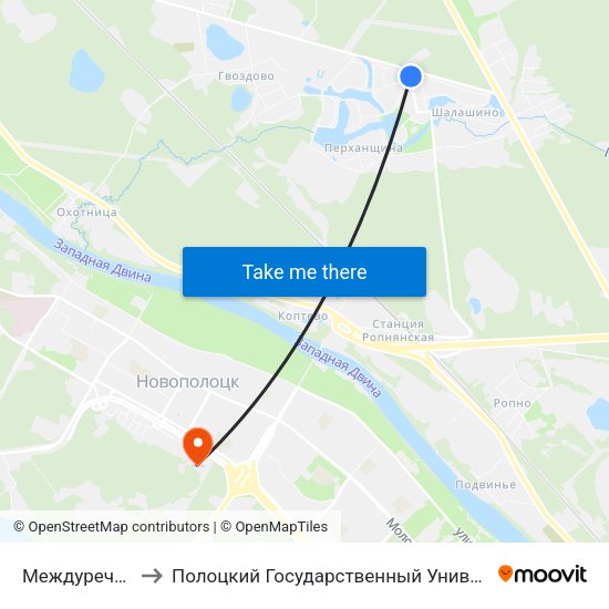Междуречье-1 to Полоцкий Государственный Университет map