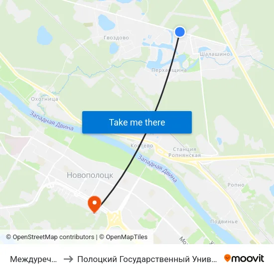 Междуречье-2 to Полоцкий Государственный Университет map