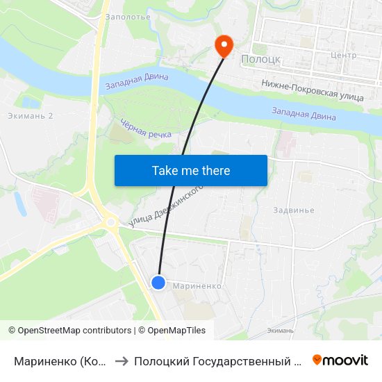 Мариненко (Конечная) to Полоцкий Государственный Университет map