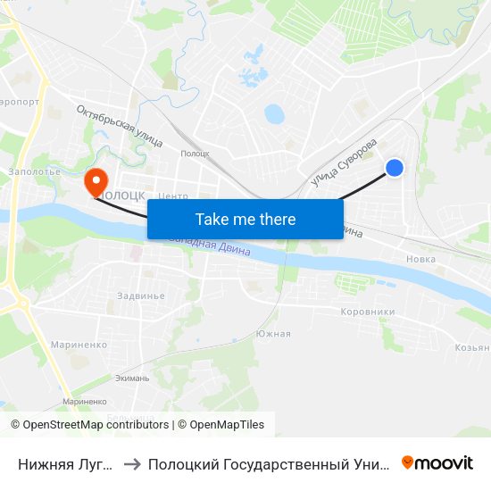 Нижняя Луговая to Полоцкий Государственный Университет map