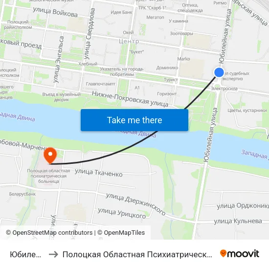 Юбилейная to Полоцкая Областная Психиатрическая Больница map