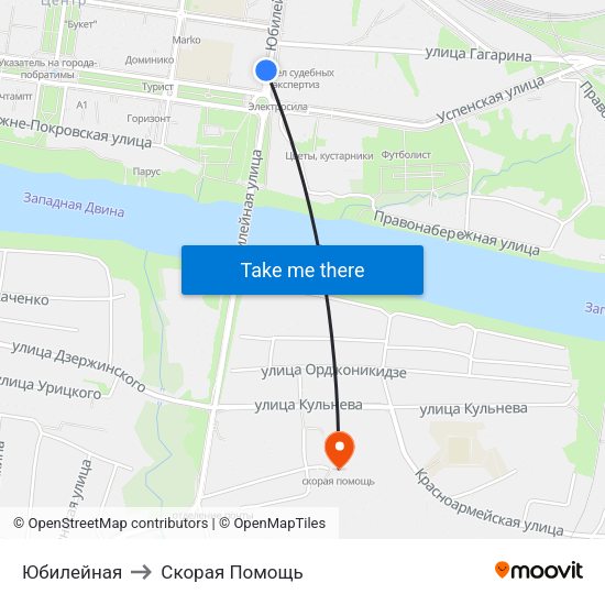 Юбилейная to Скорая Помощь map