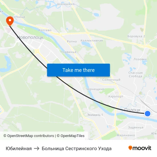 Юбилейная to Больница Сестринского Ухода map