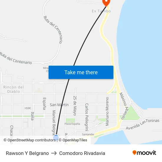 Rawson Y Belgrano to Comodoro Rivadavia map