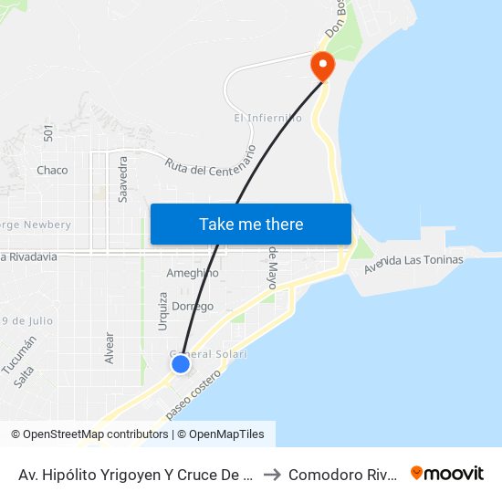 Av. Hipólito Yrigoyen Y Cruce De Los Andes to Comodoro Rivadavia map