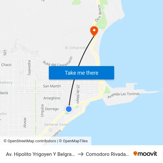 Av. Hipolito Yrigoyen Y Belgrano to Comodoro Rivadavia map