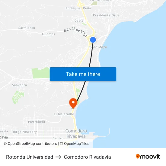 Rotonda Universidad to Comodoro Rivadavia map