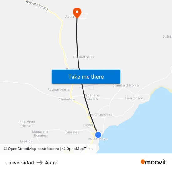 Universidad to Astra map