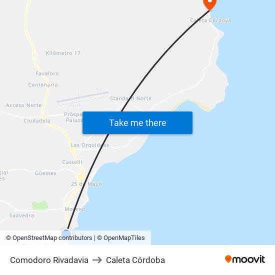 Comodoro Rivadavia to Caleta Córdoba map