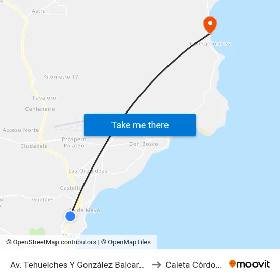 Av. Tehuelches Y González Balcarce to Caleta Córdoba map