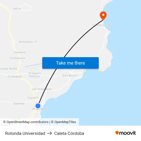 Rotonda Universidad to Caleta Córdoba map