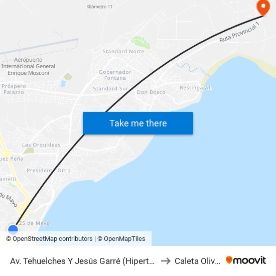Av. Tehuelches Y Jesús Garré (Hipertehuelche) to Caleta Olivares map