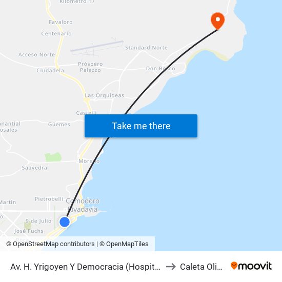 Av. H. Yrigoyen Y Democracia (Hospital Regional) to Caleta Olivares map