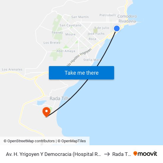 Av. H. Yrigoyen Y Democracia (Hospital Regional) to Rada Tilly map