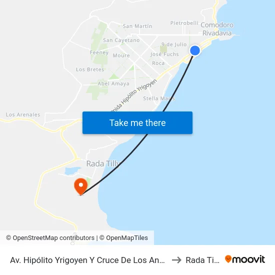 Av. Hipólito Yrigoyen Y Cruce De Los Andes to Rada Tilly map