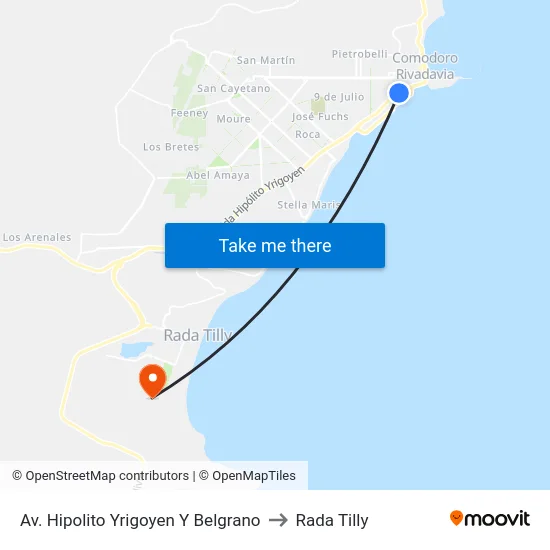 Av. Hipolito Yrigoyen Y Belgrano to Rada Tilly map