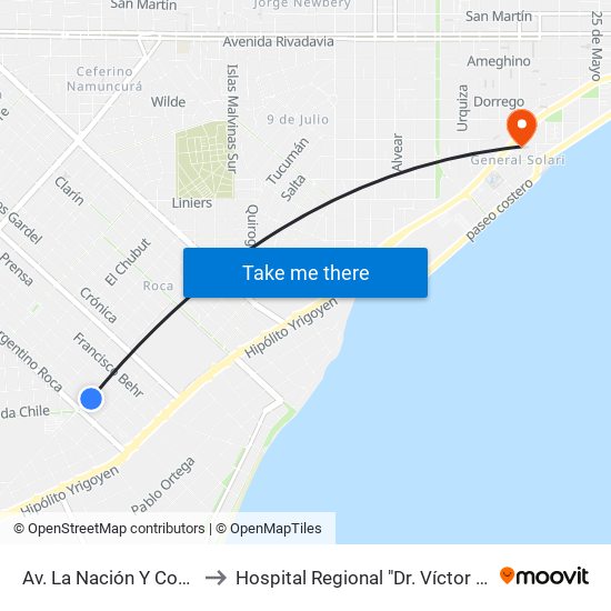 Av. La Nación Y Coronel Olavarria to Hospital Regional "Dr. Víctor Manuel Sanguinetti" map