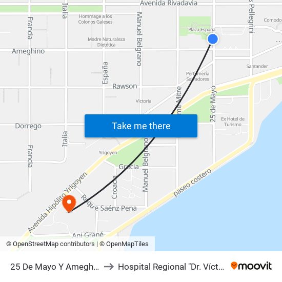 25 De Mayo Y Ameghino (Plaza España) to Hospital Regional "Dr. Víctor Manuel Sanguinetti" map