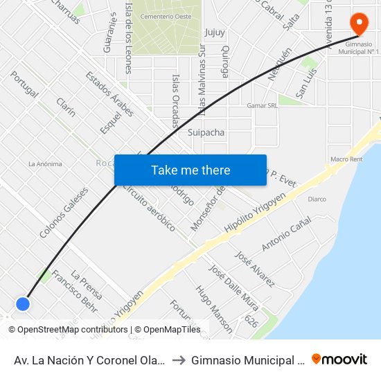 Av. La Nación Y Coronel Olavarria to Gimnasio Municipal Nº 1 map