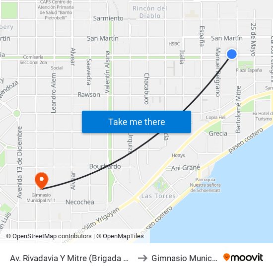 Av. Rivadavia Y Mitre (Brigada Mecanizada Ix) to Gimnasio Municipal Nº 1 map