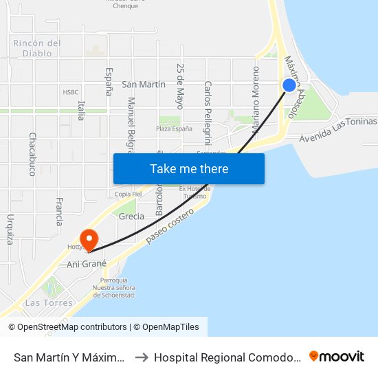 San Martín Y Máximo Abásolo to Hospital Regional Comodoro Rivadavia map