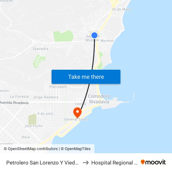 Petrolero San Lorenzo Y Viedma (Plaza Pedro Barros Seeber) to Hospital Regional Comodoro Rivadavia map