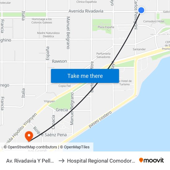 Av. Rivadavia Y Pellegrini (1) to Hospital Regional Comodoro Rivadavia map