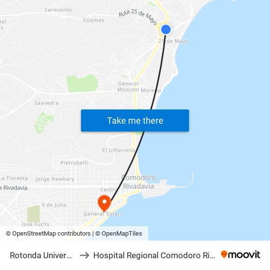 Rotonda Universidad to Hospital Regional Comodoro Rivadavia map