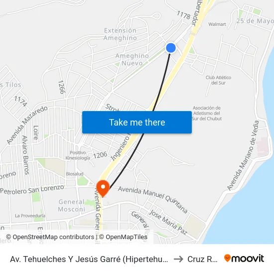 Av. Tehuelches Y Jesús Garré (Hipertehuelche) to Cruz Roja map