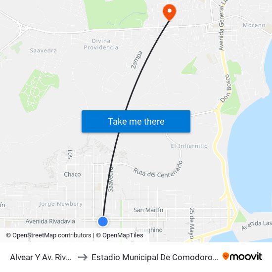 Alvear Y Av. Rivadavia to Estadio Municipal De Comodoro Rivadavia map