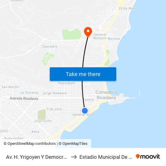 Av. H. Yrigoyen Y Democracia (Hospital Regional) to Estadio Municipal De Comodoro Rivadavia map