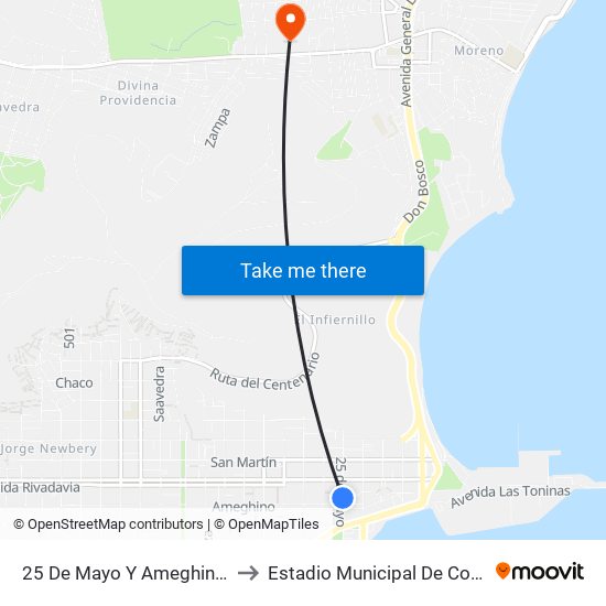 25 De Mayo Y Ameghino (Plaza España) to Estadio Municipal De Comodoro Rivadavia map