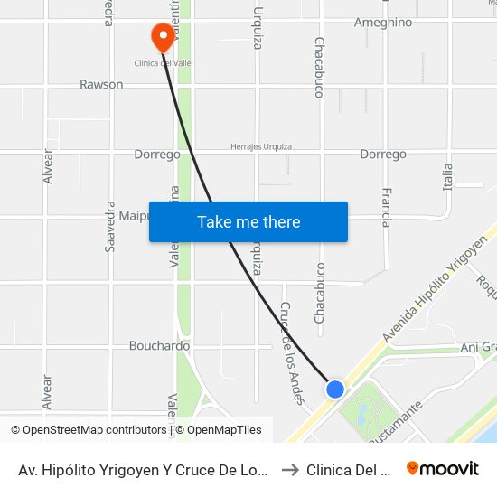 Av. Hipólito Yrigoyen Y Cruce De Los Andes to Clinica Del Valle map