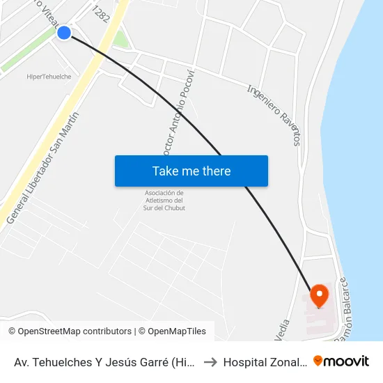 Av. Tehuelches Y Jesús Garré (Hipertehuelche) to Hospital Zonal Alvear map