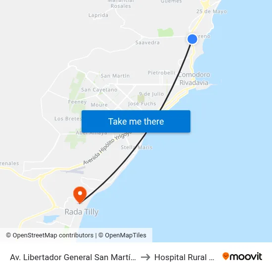 Av. Libertador General San Martín (Club Huergo) to Hospital Rural Rada Tilly map
